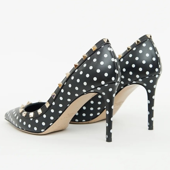 Valentino Rockstud Studded Polkadot Pointed Toe Black Leather Pump Heels - Picture 3 of 5